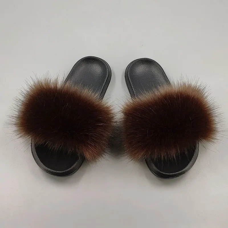 

2019 Ladies Colorful Fox Fur Fluffy Slippers Comfort EVA Women's Lovely Plush Hair Slides Party Furry Flip Flops Women's Sandals