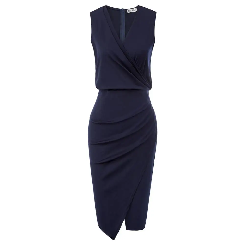 CLS02328 Navy Blue Grace Karin женское вечернее платье-карандаш без рукавов с рюшами, деловое офисное платье, летнее облегающее платье, одежда для работы - Цвет: CLS02328 Navy Blue