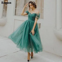 Eeqasn Dark Green Soft Tulle Midi Prom Dresses Off The Shouder Saudi Arabia Formal Prom Gowns Pleats Women Evening Party Gowns