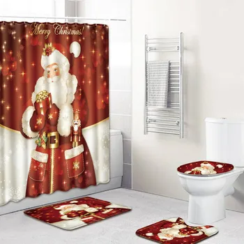 

Christmas Waterproof Bathroom Mat 4 pcs/set Floral Print Shower Curtain+ Rug+ Toilet Lid Cover+ Bath Anti Slip Wc Mat 3D Effect