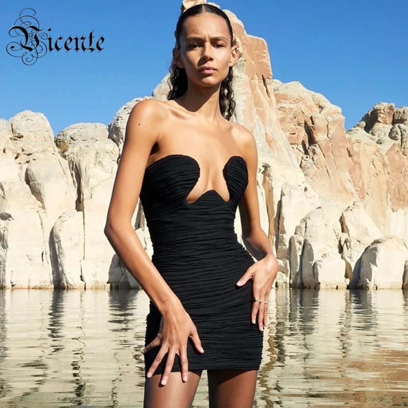 Mini Dress Mesh Draped-Design Strapless VC Black Sexy Trendy Celebrity Vestido Party
