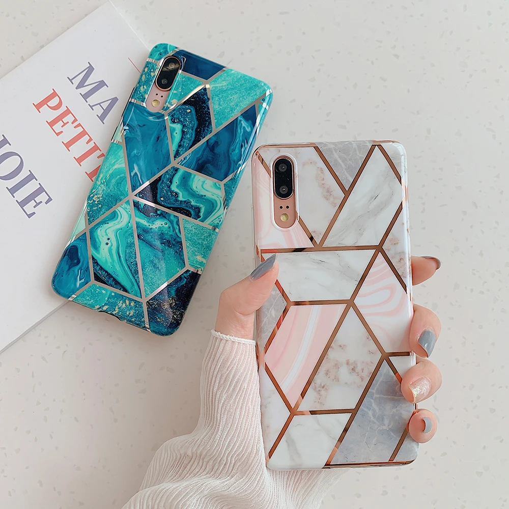 

Geometric Marble Phone Case for Huawei P20 P30 Mate 20 Lite Pro Soft IMD Silicone Cover Flower Leaf Pattern Phone Case Coque