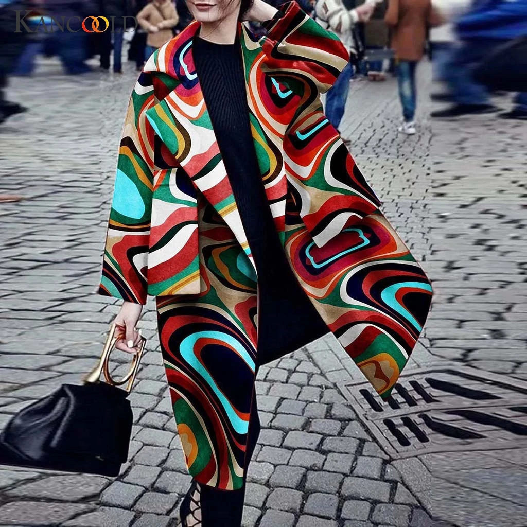 KANCOOLD размера плюс, дизайнерское длинное пальто с цветным блоком и цветочным принтом, пальто для женщин, повседневный Тренч с длинным рукавом, винтажное осеннее пальто