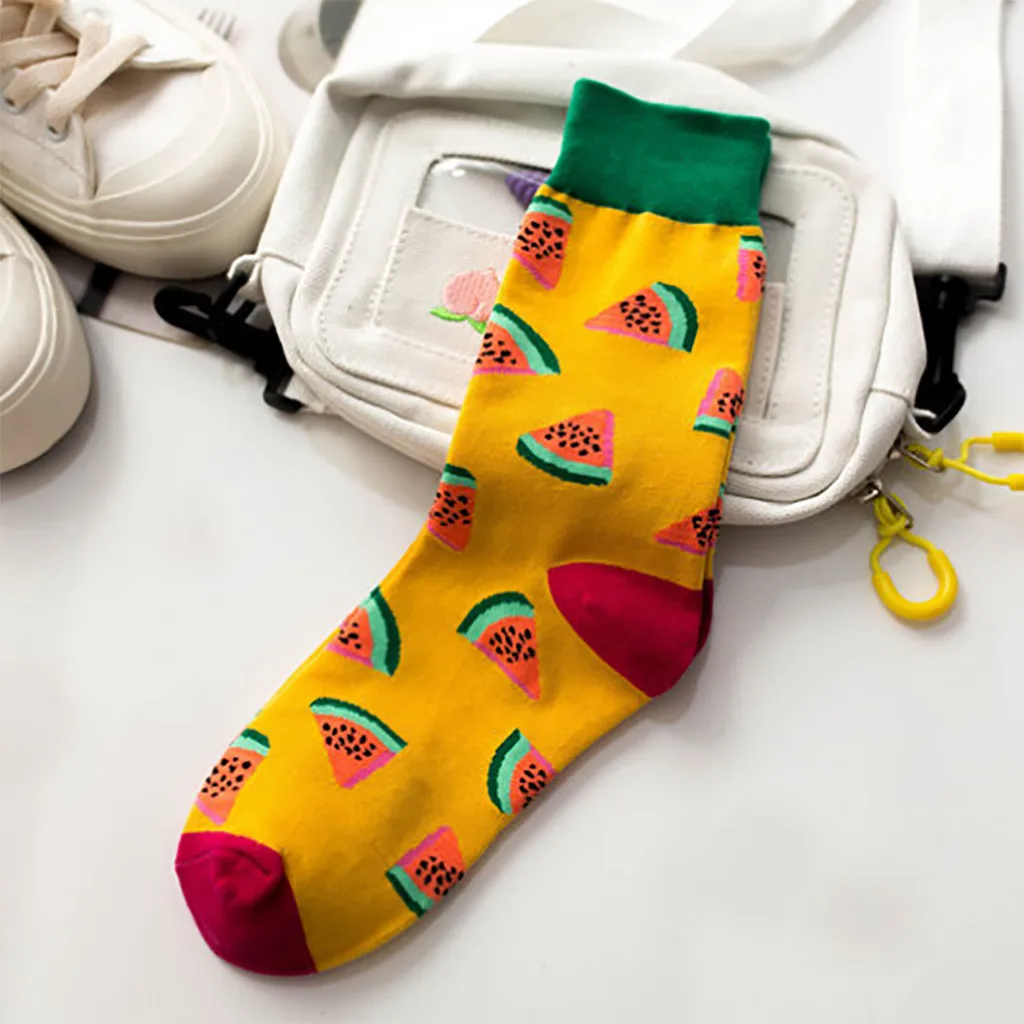 Print Casual Cotton Socks Women's Creative Bright Color Unisex In The Tube Socks Cheap Stuff Women Fruit Socks Носки Детские