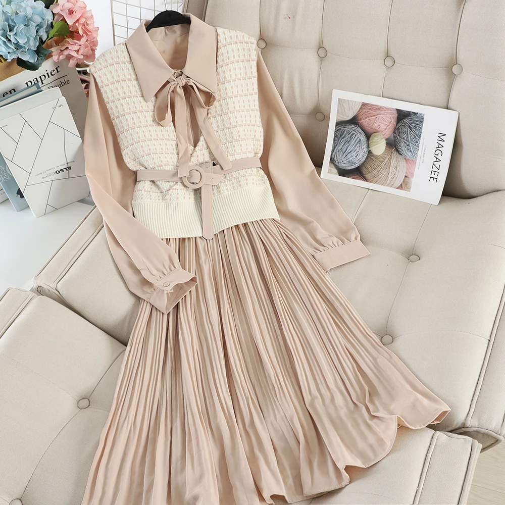 SINGRAIN женское длинное Плиссированное Платье-рубашка+ вязаный свитер с принтом корейское романтическое элегантное осеннее шифоновое платье трапециевидной формы из двух частей - Цвет: apricot