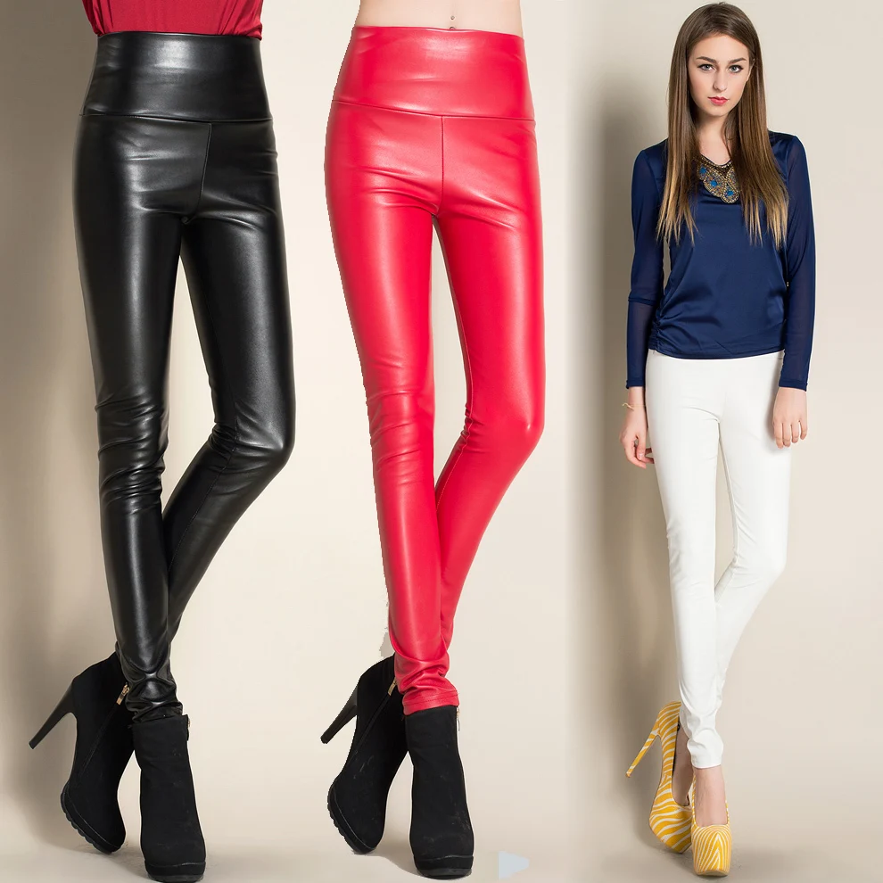 

#0516 Spring Autumn Skinny Faux Lether Pants Women Black Red Siliver Gold High Waist Stretch PU Leather Trousers Full Length