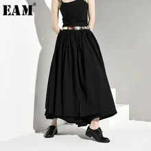 [EAM] черная Асимметричная плиссированная многослойная юбка средней длины с высокой талией, черная женская модная одежда, Новинка весна-осень, LA9160