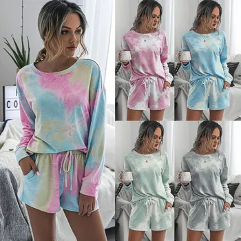 

Two Piece Set Women Tie-Dye Print Long Sleev Pullover Shorts Suits Tracksuit Casual Outfits Female Summer Clothes Lounge Wear