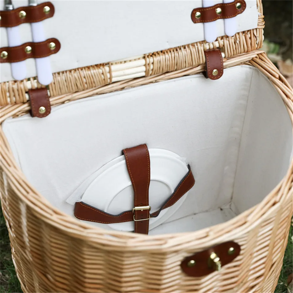 Rattan Trolley Picnic Basket Natural Wicker Weaving Lunch Baskets Wheels Family Outing Trip Picnic Bento Storage High Capacity