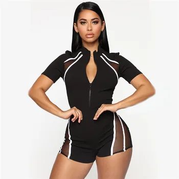 

NORMOV Sexy Women Playsuits Summer Short Sleeve Mesh Striped Patchwork Zipper Polyester Jumpsuit Skinny Feminina Playsuits