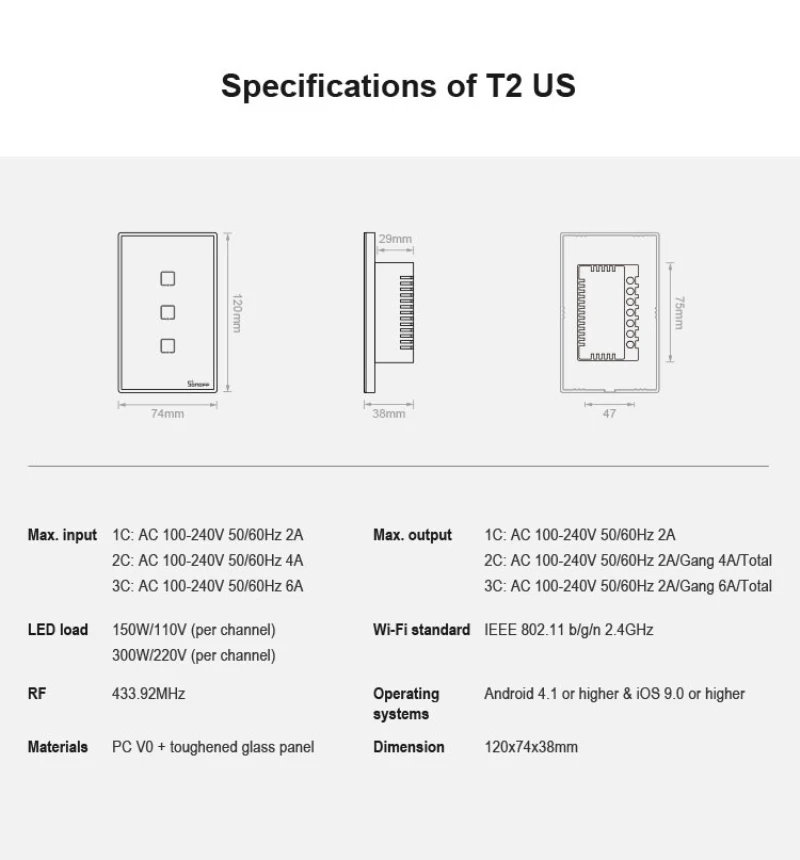 Интеллектуальный выключатель света Sonoff T1/2 SmartWifi настенный сенсорный светильник сенсорный выключатель 1/2/3 Gang Touch/WiFi/приложение пульт Умный домашний контроллер работы с Alexa Google Home