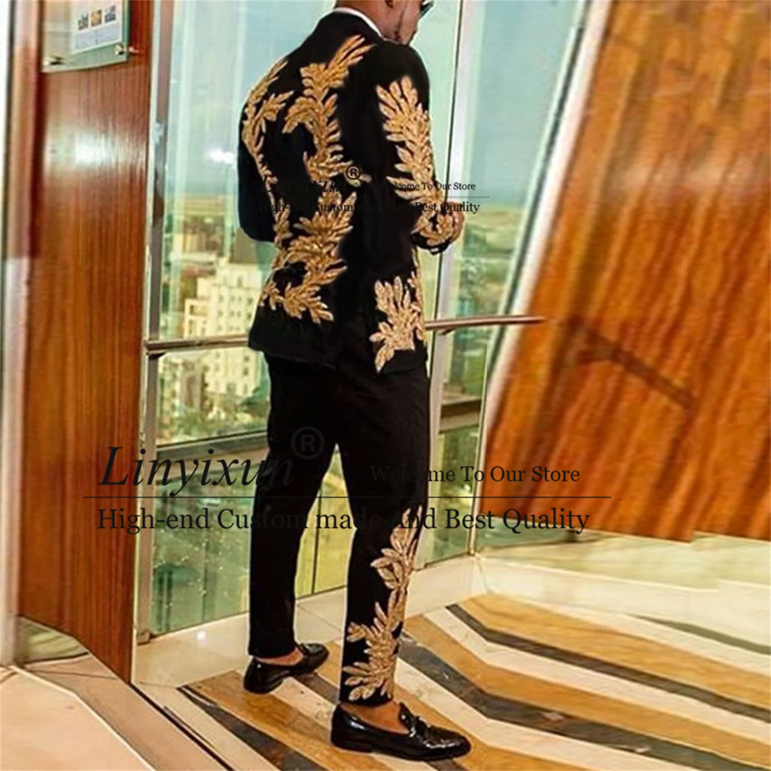 Shiny Beaded Gold Embroidery Mens Slim Fit Suits 2 Piece Sets (Jacket +Pants) Groom Tuxedos Male Business Blazer Terno Masculino for mens suit