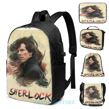 

Funny Graphic print Sherlock Holmes USB Charge Backpack men School bags Women bag Travel laptop bag