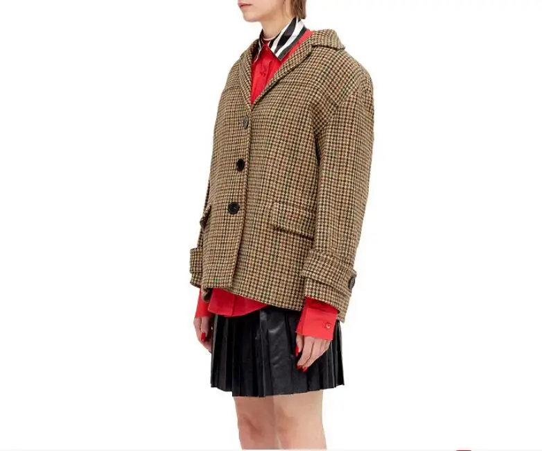 

New Women Wool Blend Coat Turn Down Collar Single Breasted Female Autumn Winter Vintage Plaid Blazer Jacket Woolen Coat Outwear