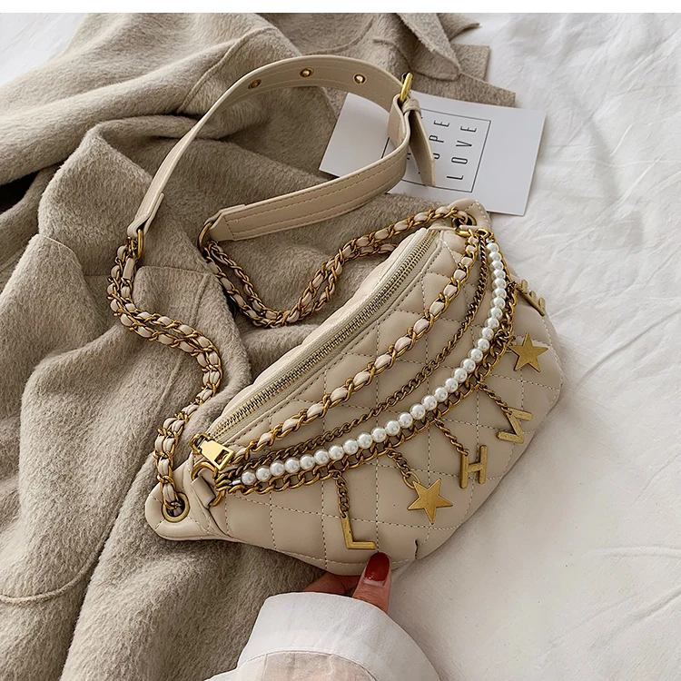 Small Bag Women New Fashion Korean Versatile Messenger Bag Pearl Chain Waist Bag Gold Letter Tassel Chest Bag Nightclub Bag