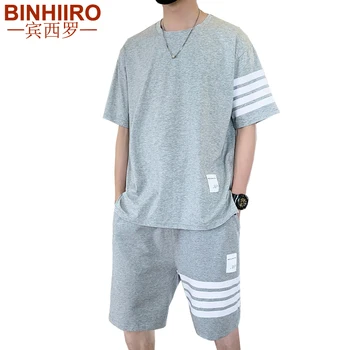 

2020 Summer New Men's Sets Thin section Striped Printed Short-Sleeved T-Shirt+Shorts 2-piece Hip-Hop Jogging Casual Sets Men
