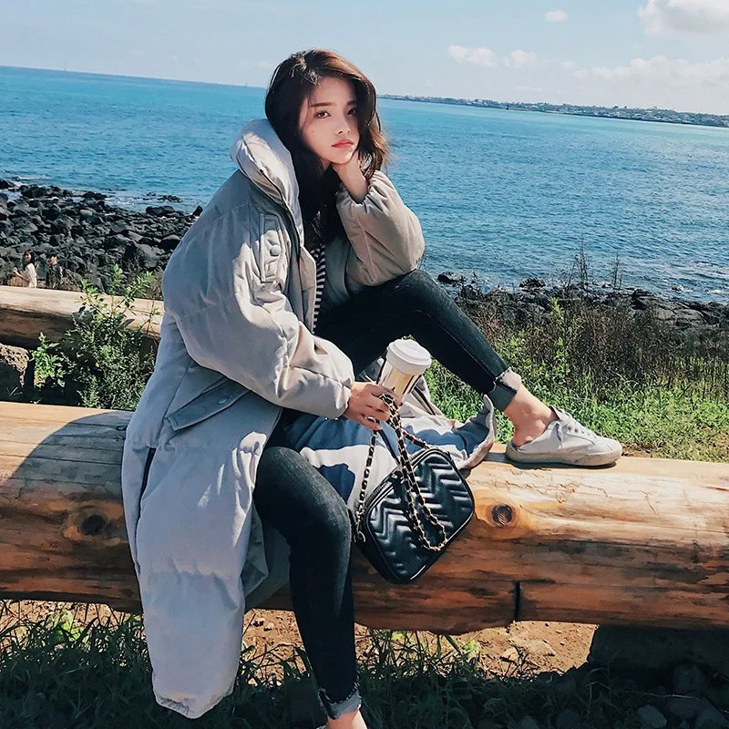 

Photo Shoot CHIC Gradient Pink Long Thick Stand Collar down Coat Gold Velvet Loose-Fit Slit Hem Cotton Overcoat Women's