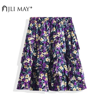 

JLI MAY Women's Mini Skirts Summer Chiffon Floral Print Patchwork Ruffles Empire A-Line Slim Irregular Short Skirt