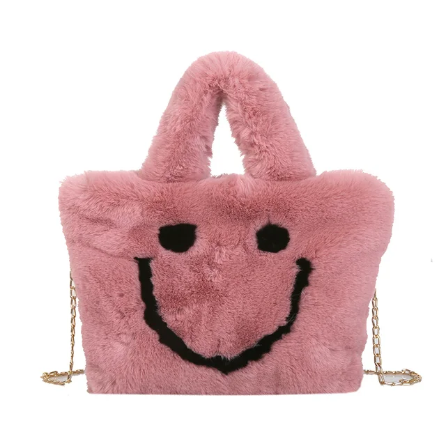 Women aplush smiley handbag buckle shoulder bag cute soft ladies chainladies faux fur bag female party little girlChristmas gift 2