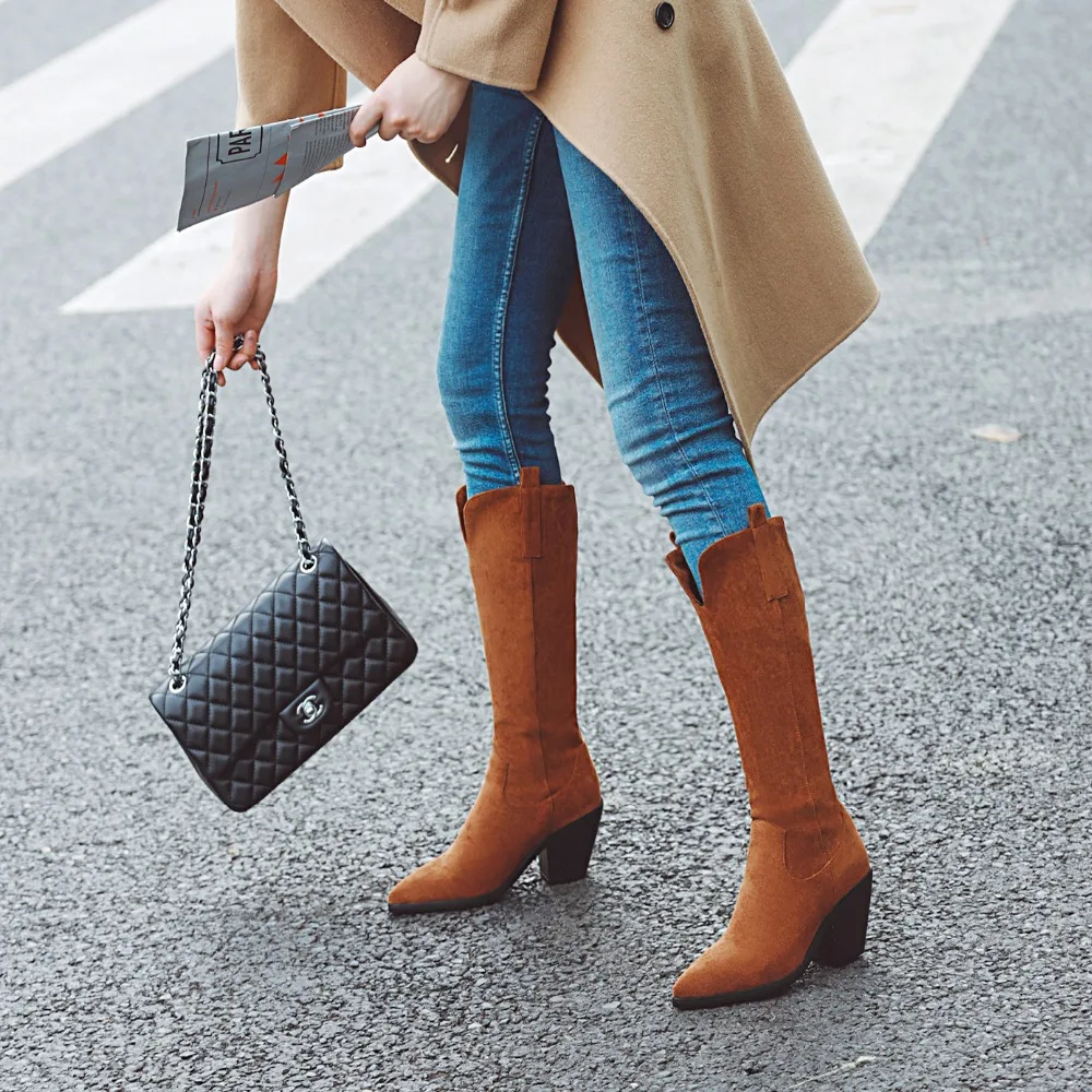 Brand Designer Faux Leather Women Knee High Boots western cowboy Wedge Pointed toe Boots Woman Long Chunky High Heel Botas Mujer