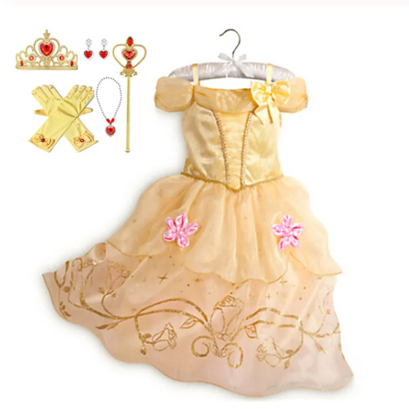 Belle Set Платье Эльзы 2; карнавальный костюм; Детские платья для девочек; платье Золушки; Vestidos; платья Белоснежки; платья принцессы Рапунцель, Авроры, Анны - Цвет: Belle Set
