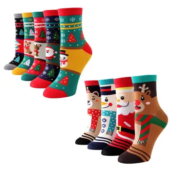 

4 Pairs Unisex Christmas Holiday Color Block Stripes Cartoon Cotton Crew Socks Y1AC