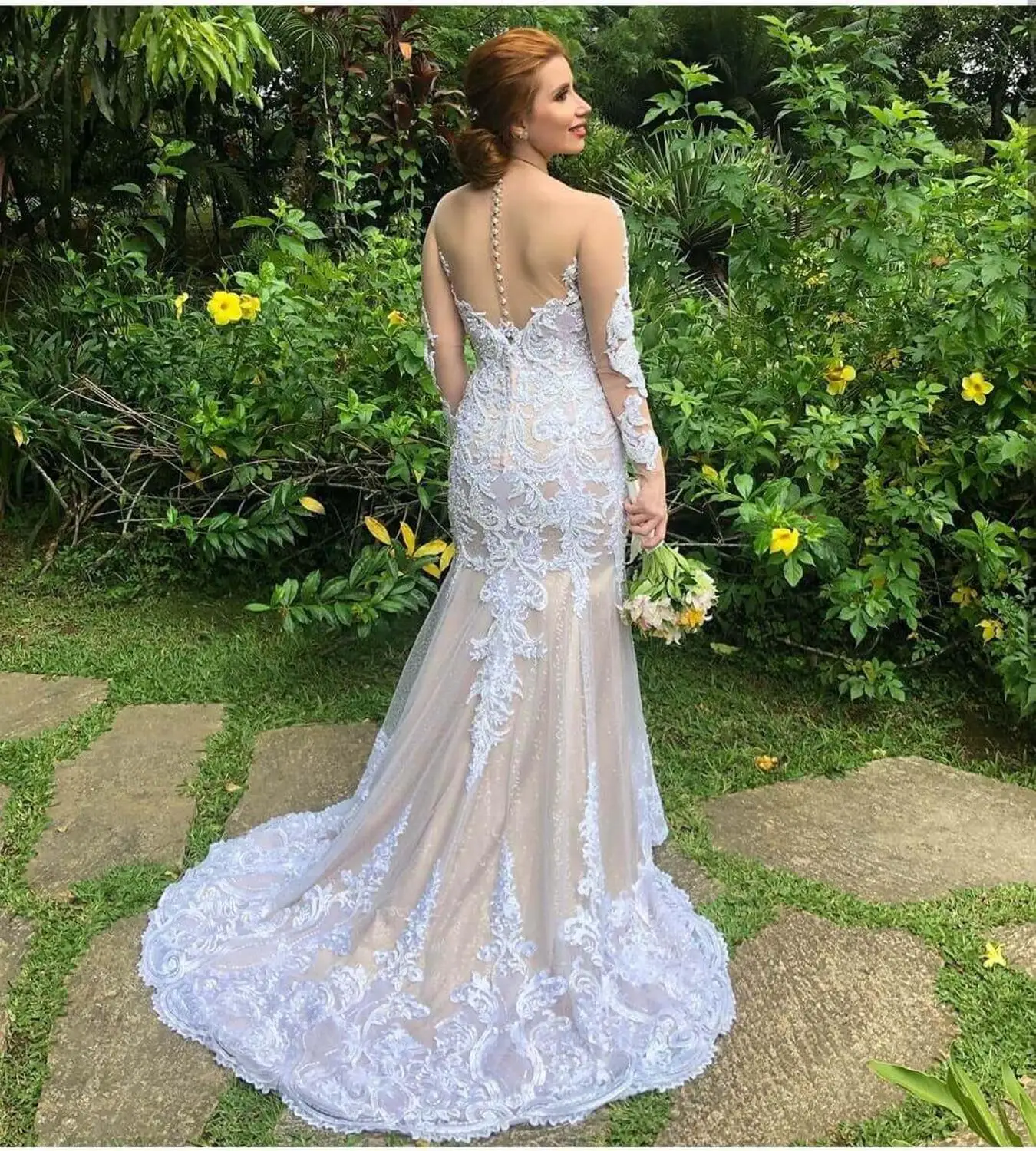 Vestidos De Novia роскошное Кружевное Свадебное Платье Иллюзия длинный рукав пуговицы Длинные свадебные платья с юбкой robe de mariage