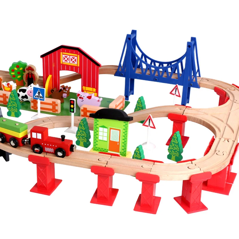 

Wooden Children 82-Piece Farm Animal Scenario Building Blocks Camera Track Wooden Tracksuit Toy
