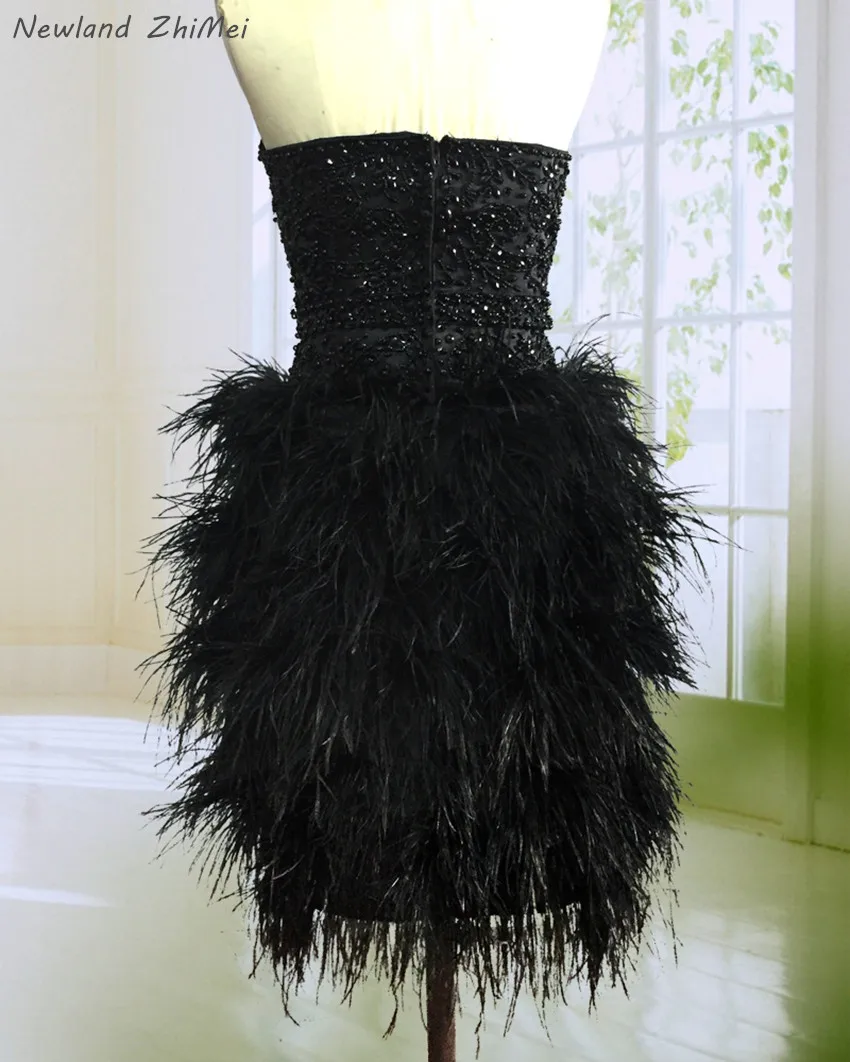 Newland ZhiMei роскошное ошеломляющее черного жемчуга ручной работы Бисер коктейльное Пышное сексуальное платье из страусиных перьев Мини Вечерние платья