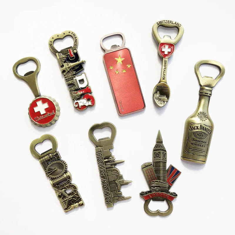 냉장고 자석 금속 스티커, 크리에이티브 레트로 런던, 홍콩 스위스 맥주 병따개, 냉장고 자석