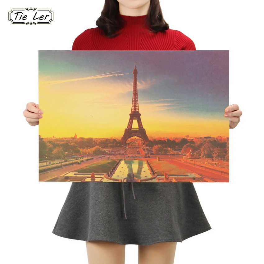 

TIE LER Retro Kraft Paper Paris Tower Landscape Poster Bedroom Study Living Room Decorative Painting Wall Sticker 50.5X35cm