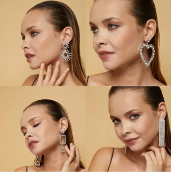 

Fashion Dangle Round Drop Earrings For Women New Geometric Jewelry Heart Pearl Crystal Earcuffs Clip Wedding Rhinestone