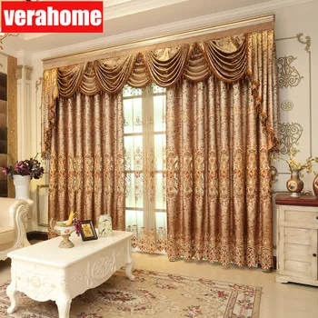 

European luxury brown curtains voile embroidery sheer tulle for living room bedroom windows valance