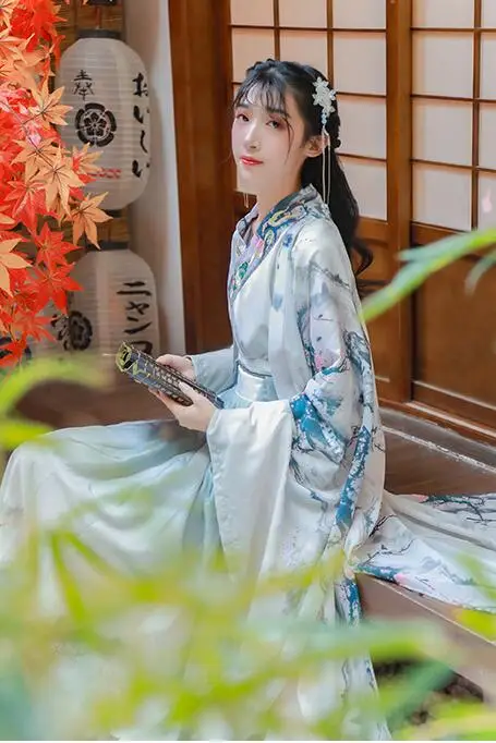 Строгий Повседневный праздничный костюм Hanfu Qin Tang с принтом пейзажа, пальто с большим рукавом и вышивкой+ куртка+ юбка, Женский сценический костюм