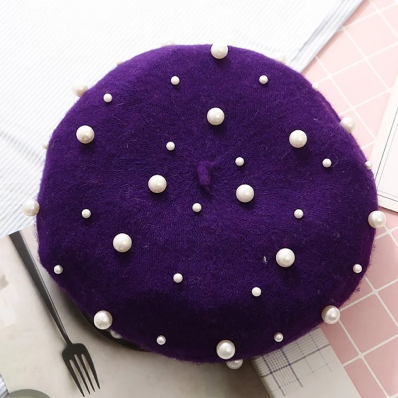 purple Шерсть Женские Зимние береты Роскошные Жемчужные заклепки винтажные женские теплые Vogue береты шапки для девушек плоская шапка берет для женщин - Цвет: purple