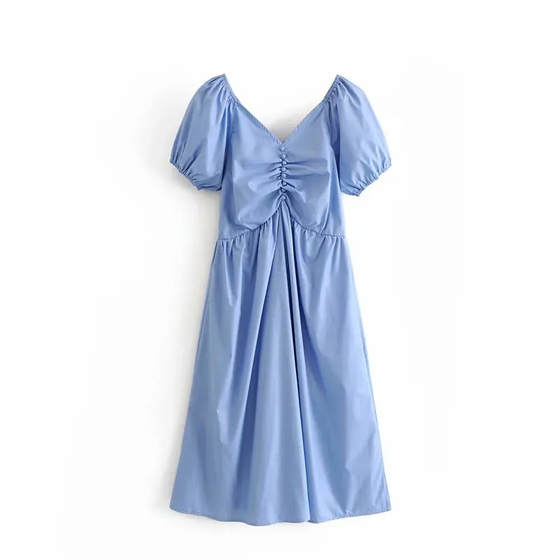 

2019 Autumn Europe And America WOMEN'S Dress New Style Wrinkle Ornaments V-neck Lantern Sleeve Dress A9MS2174