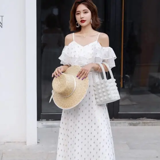 Летнее женское платье Sukienki boho goddess sling росы плечи каскадные оборки шифоновая волнистая в горошек длинное платье DV446