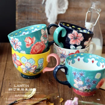 

High Capacity Espresso Cups Flowers Ceramic Hand Painted Personalised Creative Milk Coffee Mug Tazas Originales Drinkware MM60MK