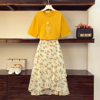 

Korean New Summer clothing set women Fashion Tshirt short sleeved tops and Floral print Irregular ruffle skirt Two piece suit