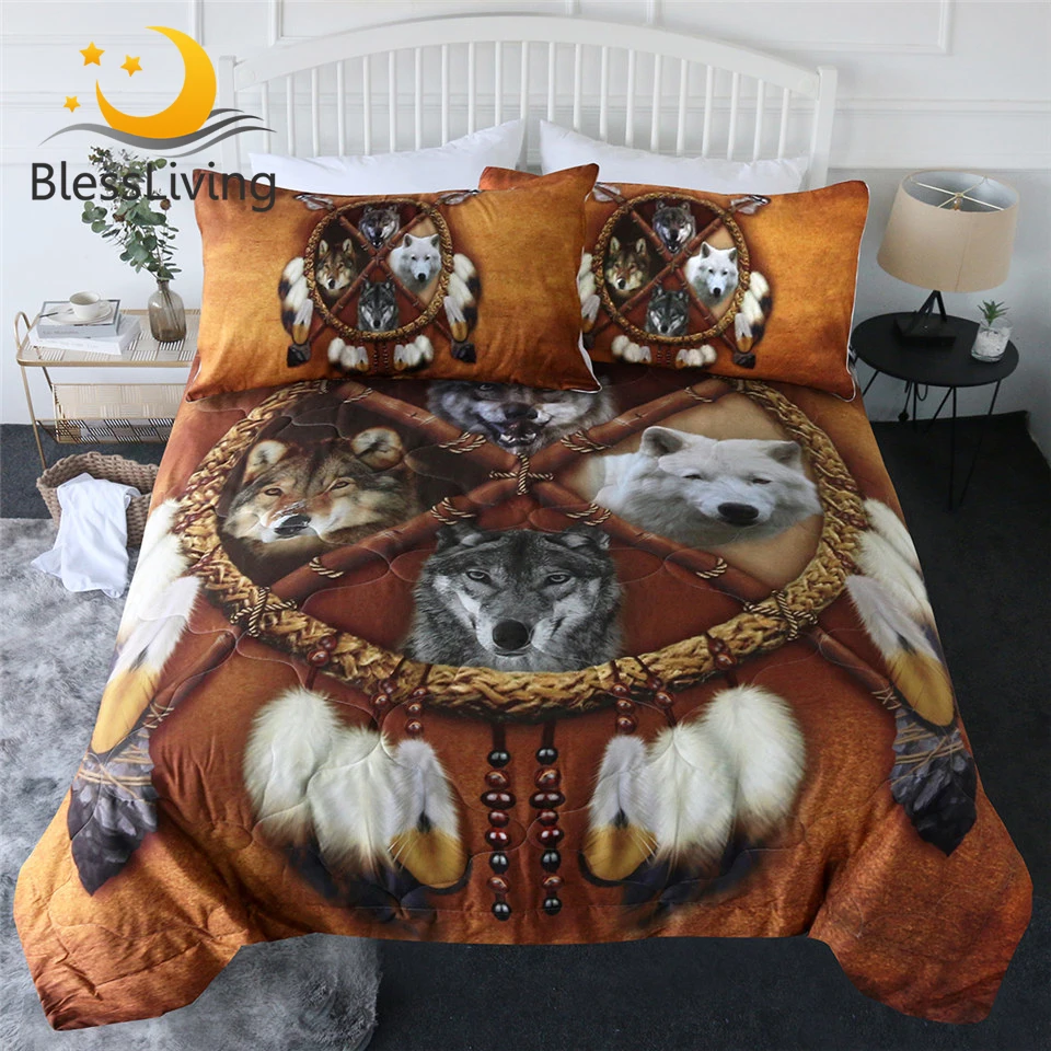 

BlessLiving Wolf Quilt Set Dreamcatcher Summer Bedspread Wild Animal Thin Comforter Duvet 3D Print Tribal Blanket Dropshipping