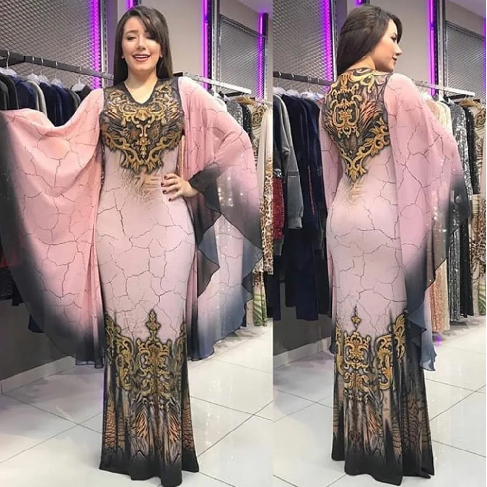 Мусульманский, арабский ислам Дубаи кафтан абайя Ближний Восток марокканское Макси платье индонезийский индейка чернила живопись рюшами Повседневный Халат - Цвет: pink