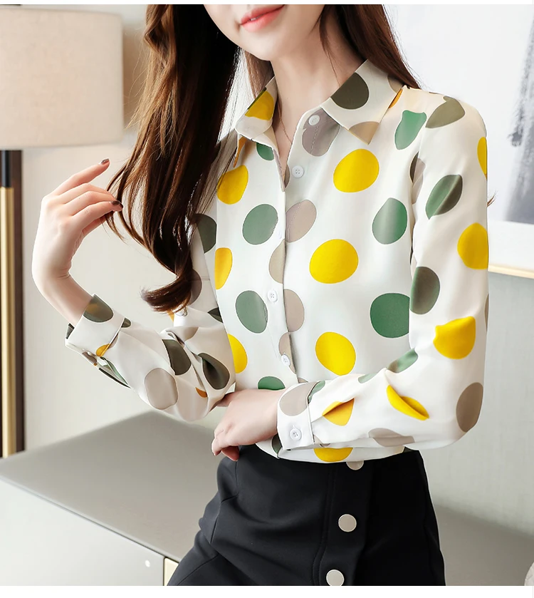 Корейские осенние женские рубашки, женские шифоновые блузки, женские блузки в горошек, рубашки размера плюс, Женские топы и блузки, Blusas Mujer De Moda