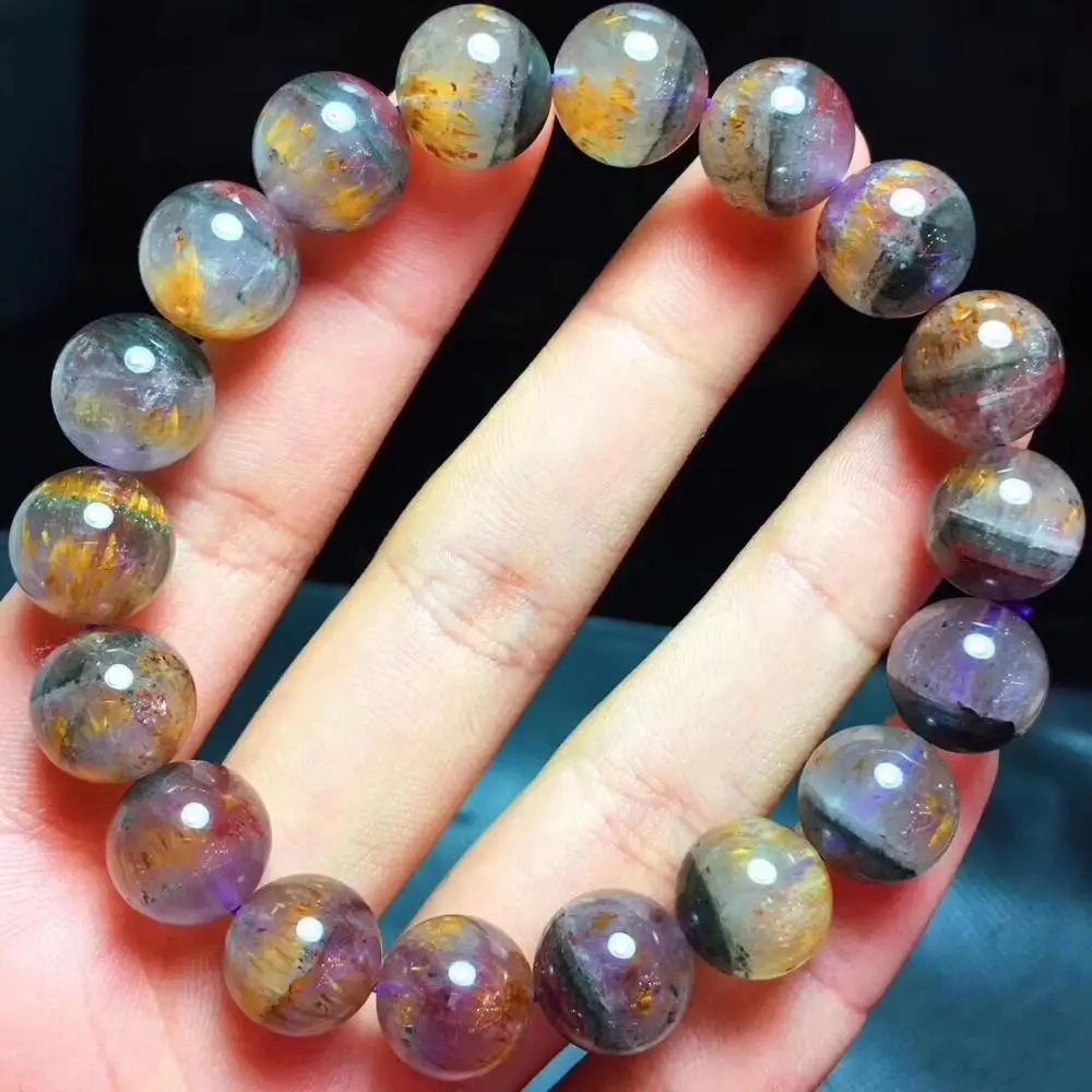 

11mm Top Natural Cacoxenite Rutilated Bracelet For Woman Lady Gold Purple Round Beads Gemstone Healing Stretch Jewelry AAAAAA
