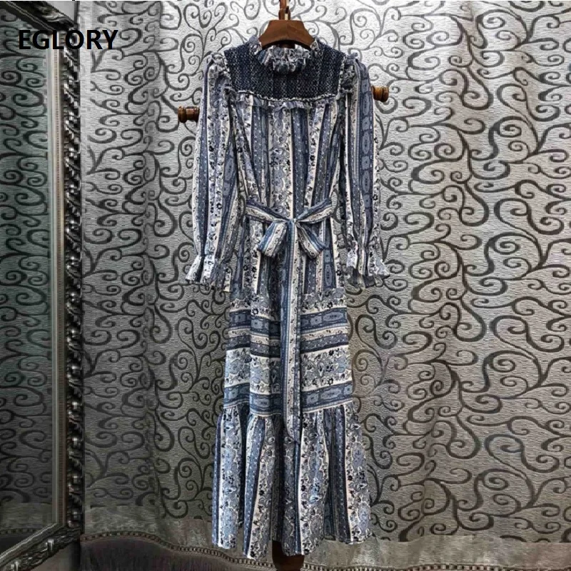 

Bohemian Dress 2019 Autumn Style Women Ruffled Collar Vintage National Style Print 3/4 Sleeve Mid-Calf Length Casual Silk Dress