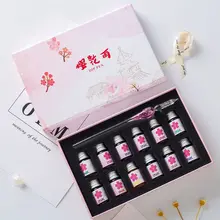 13Pcs/Set Cherry Blossom Rain Bottled Dip Glass Pen Ink With Fountain Dip Writing Signature Pen Art Supplies Gifts