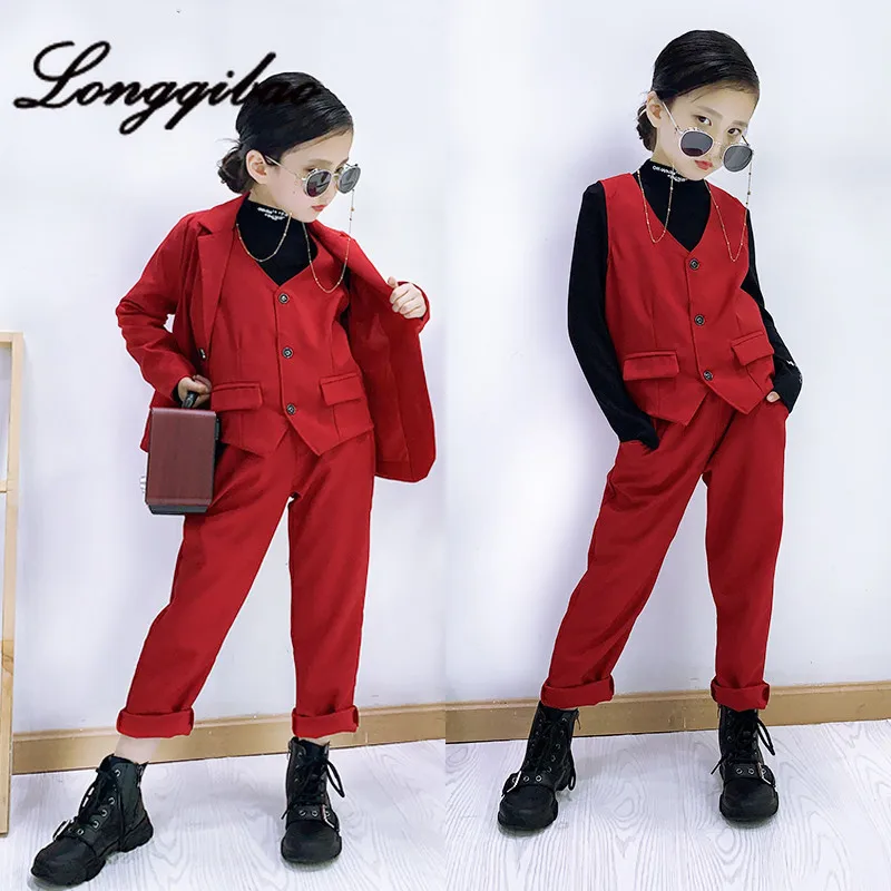 

Girls Europe and the United States retro solid color Western suit suit 2019 autumn new children's boys three-piece fashion tide