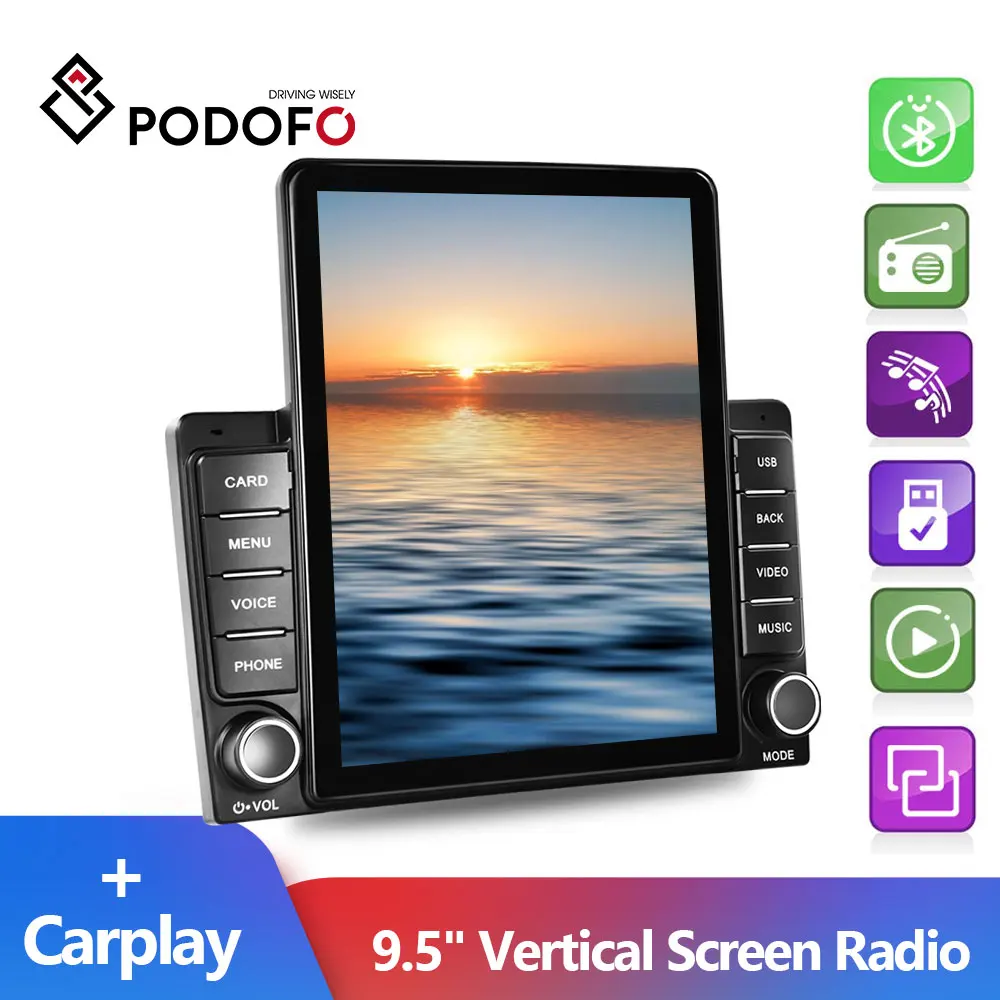 Podofo 2Din راديو ستيريو بالسيارة 9.5 "شاشة عمودية الصوت الوسائط المتعددة MP5 لاعب المورد Carplay كاميرا AHD راديو السيارة Autoradio