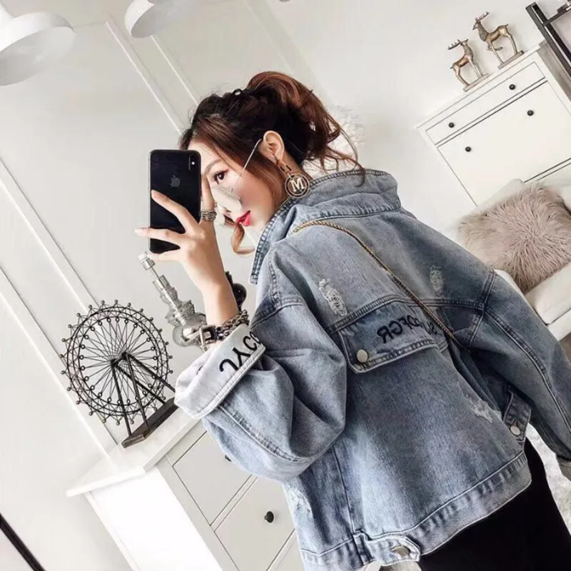 2020 Vintage Letter Embroidery Jean Jacket Women Fashion Korean Spring Summer Short Denim Coat Cow Boy Jeans Bomber Women Jacket
