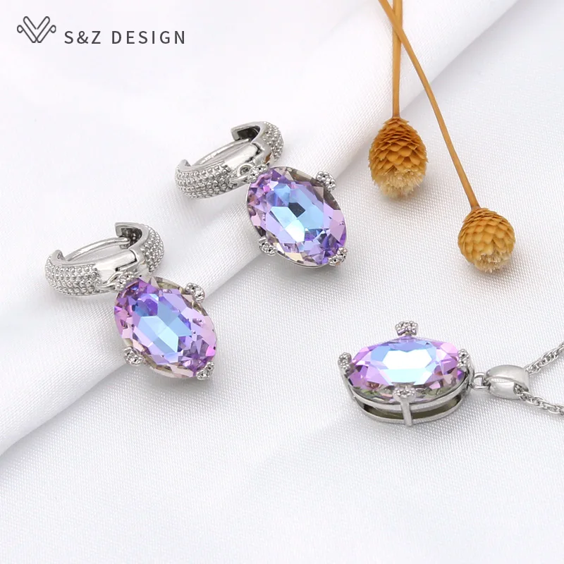 S&Z DESIGN New 585 Rose Gold Color Egg Shape Oval Dangle Earrings Jewelry Sets For Women Pendant Necklace Christmas Gift