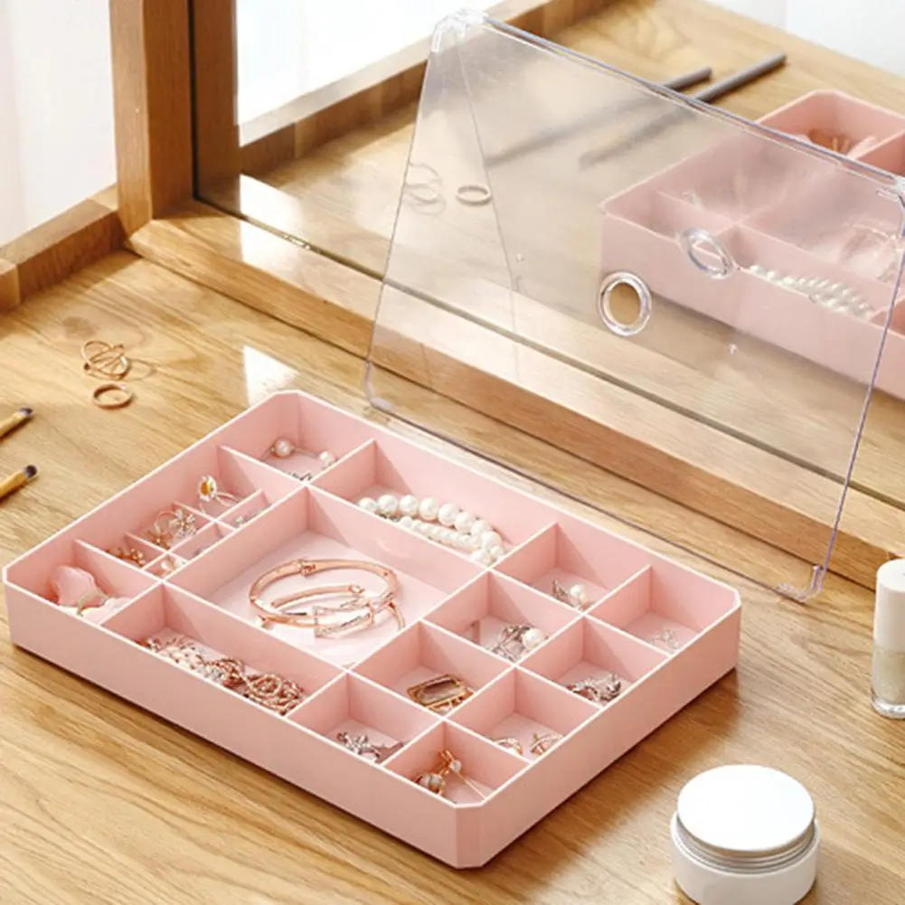 

Desktop Transparent Cover Grids Jewelry Earrings Ring Storage Box Organizer Case New